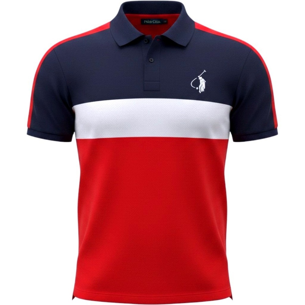 Long Beach Polo Club XXL Red White Navy Blue Colorblock Short Sleeve Polo Shirt